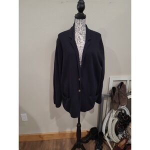Land's End Fine Knit Black two Button front Cardigan Blazer pockets Women SZ Lg